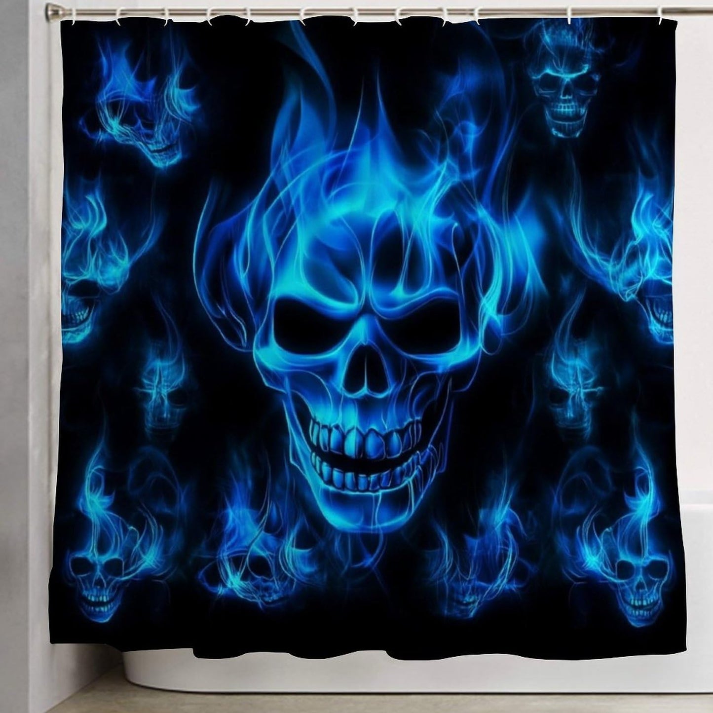 Waterproof Bathroom Decorative Shower Curtain with Curtain Hooks Skull Blue Flame, 72"x 70"