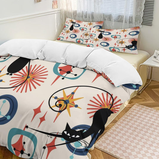 Mid-Century Atomic Star Comforter Set Modern Geometric Abstract Art Explosion Vintage Black Cat Printed Bedding Set with 1 Comforter and 2 Pillowcases for Girls Bedroom 79x90in (Without Liner)