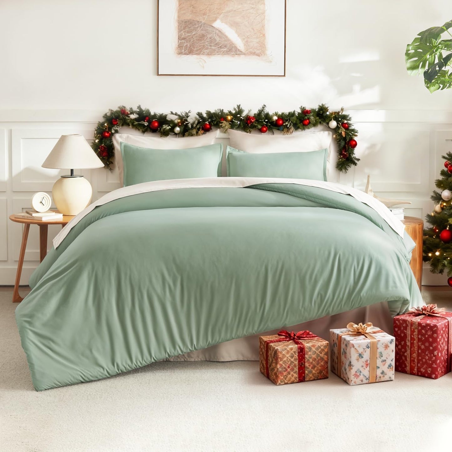 Litanika King Size Comforter Set, 3 Pieces Lightweight Solid Comforter King Size, All Season Fluffy Down Alternative Comforter Bed Set Quilt Blanket, Sage Green, King