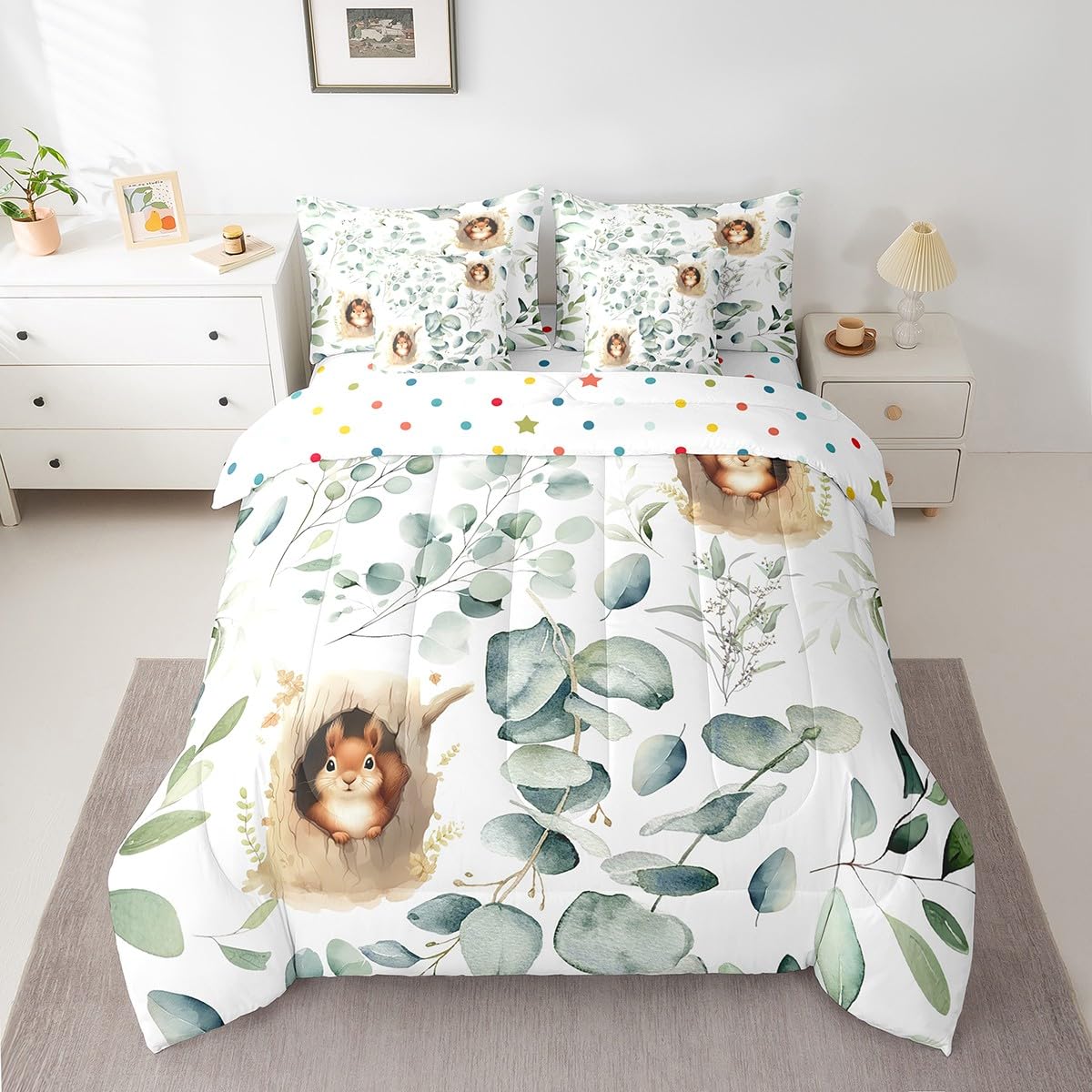 Erosebridal Kawaii Squirrel Bedding Comforter Sets 7pcs for Boys Girls Cartoon Animal Bed in a Bag, Eucalyptus Leaves King Bedding Sets Jungle Wildlife Comforter Set, Tropical Botanical Bedding Sets