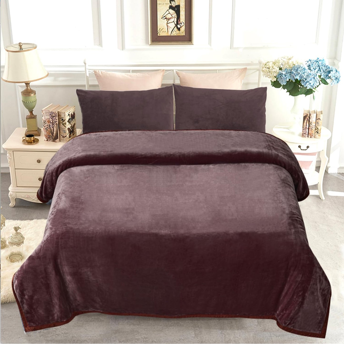 JYK Fleece Plush Blanket, Korean Mink, Queen 79" x 91" - Super Soft, Warm, Lightweight, Cozy Fuzzy Solid Color Brown