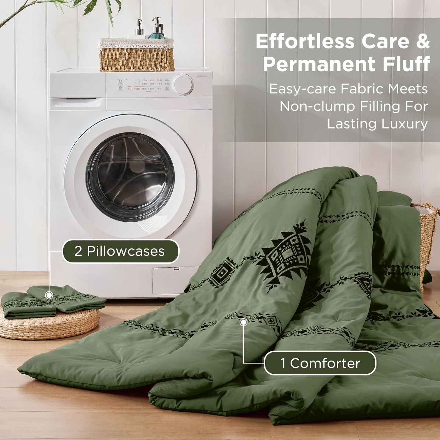 Baskbed Embroidered Boho Comforter Set Queen Size, 3-Piece Western Shabby Chic Bedding Set - Fluffy Ultra Soft Microfiber with Intricate Design, Includes 1 Green Comforter(88"x88") & 2 Pillowcases