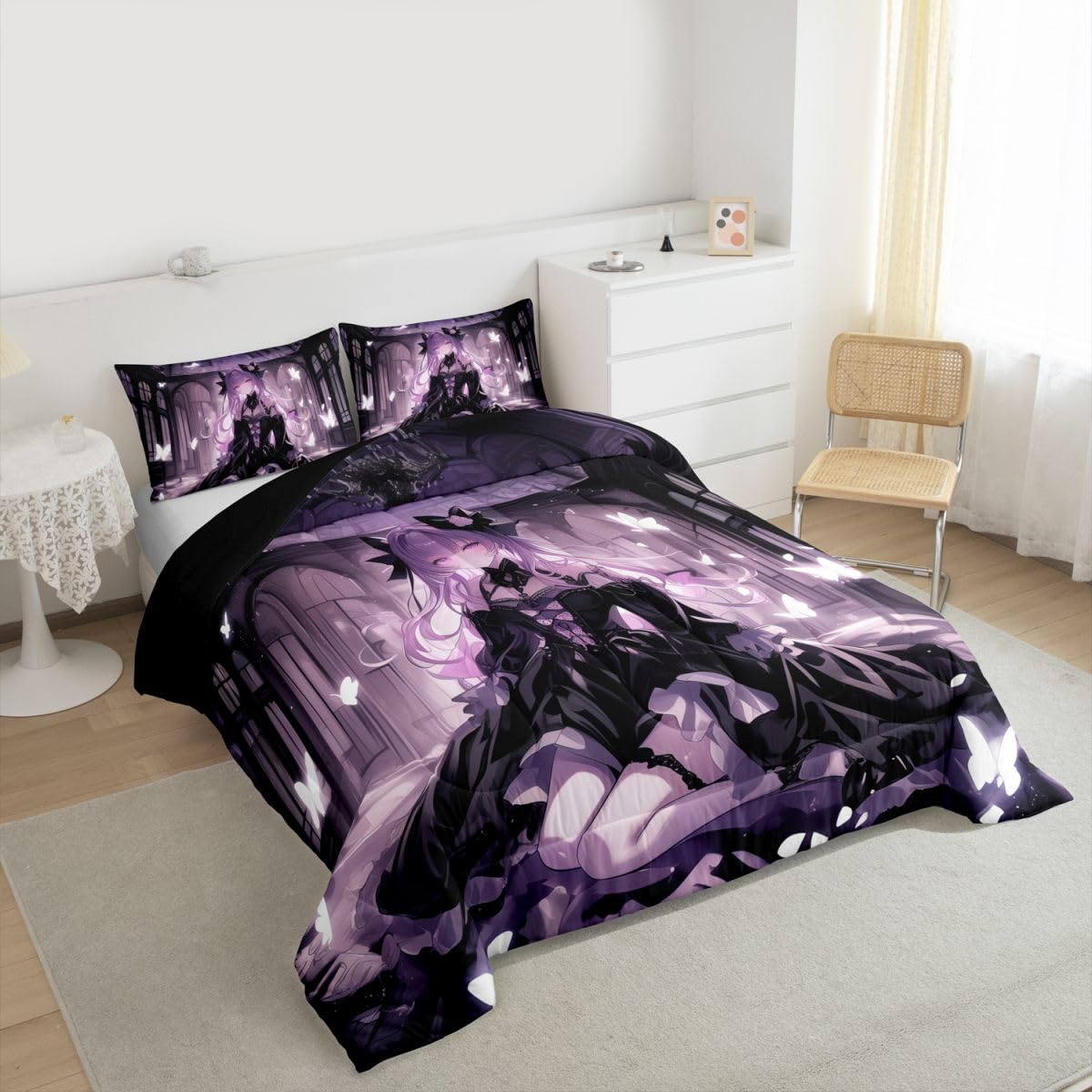 Erosebridal 3D Girly Kids Comforter Set | Japanese Girl Bedding Twin Size Anime Gifts Down Comforter Purple Dreamy Butterfly Print Duvet Set for Bedroom
