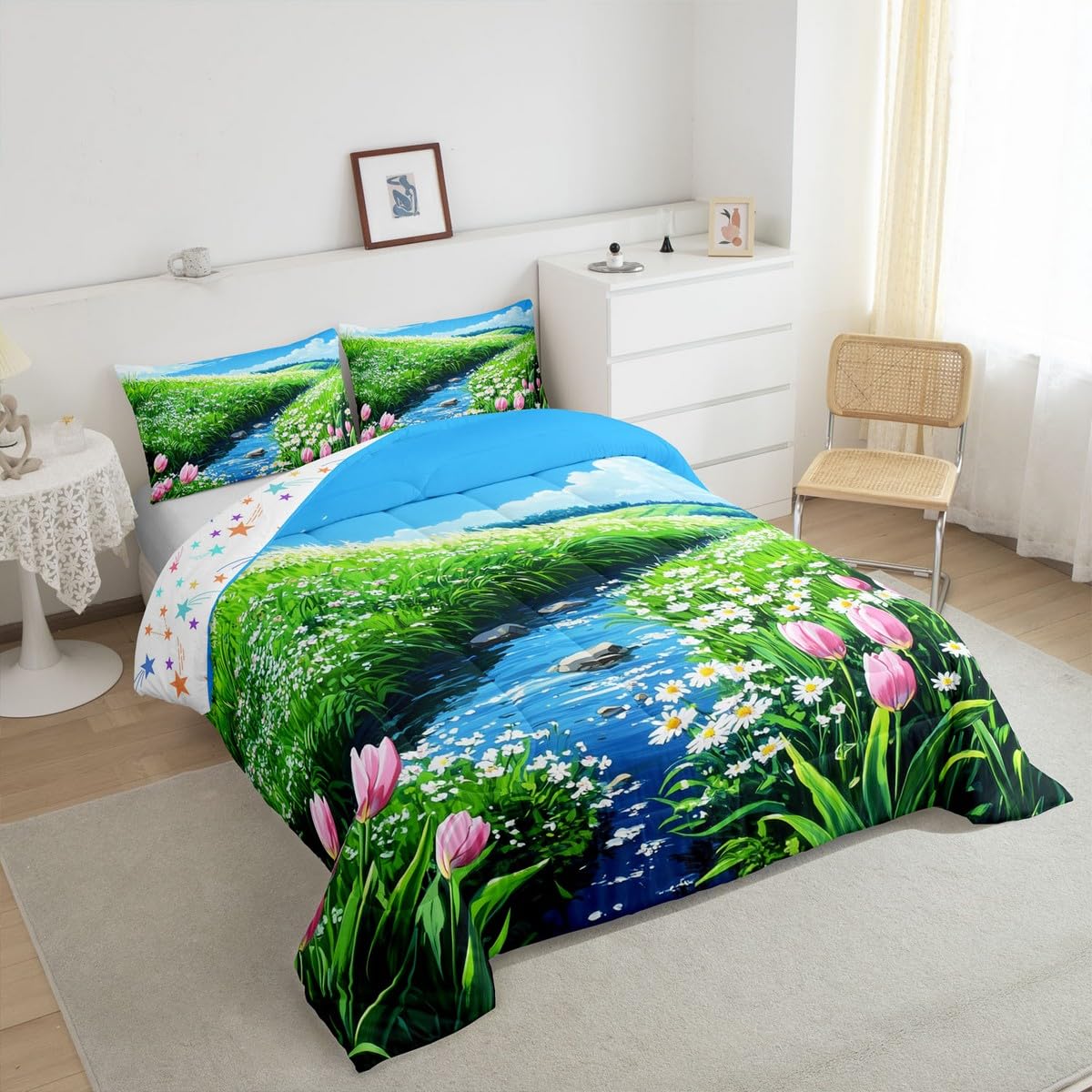 jejeloiu Cute Anime Floral Bedding Set 2Pcs Twin Size Kids Tulip Floral Comforter Set for Boys Girls Flower River Duvet Quilt Soft Lightweight,Microfiber