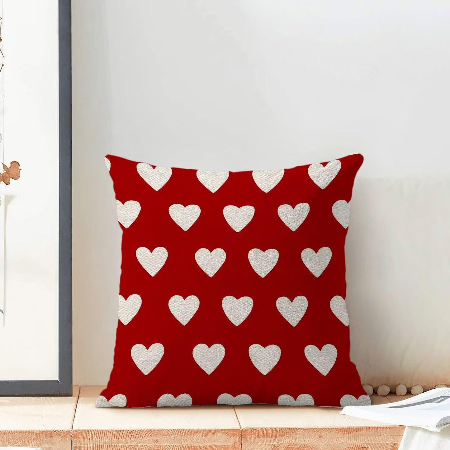 AEIOAE Valentines Pillow Covers 18x18 Inch Set of 2, Red Love Hearts Throw Pillows Farmhouse Linen Love Hearts Pillow Case for Sofa Bedroom Living Room Indoor Outdoor