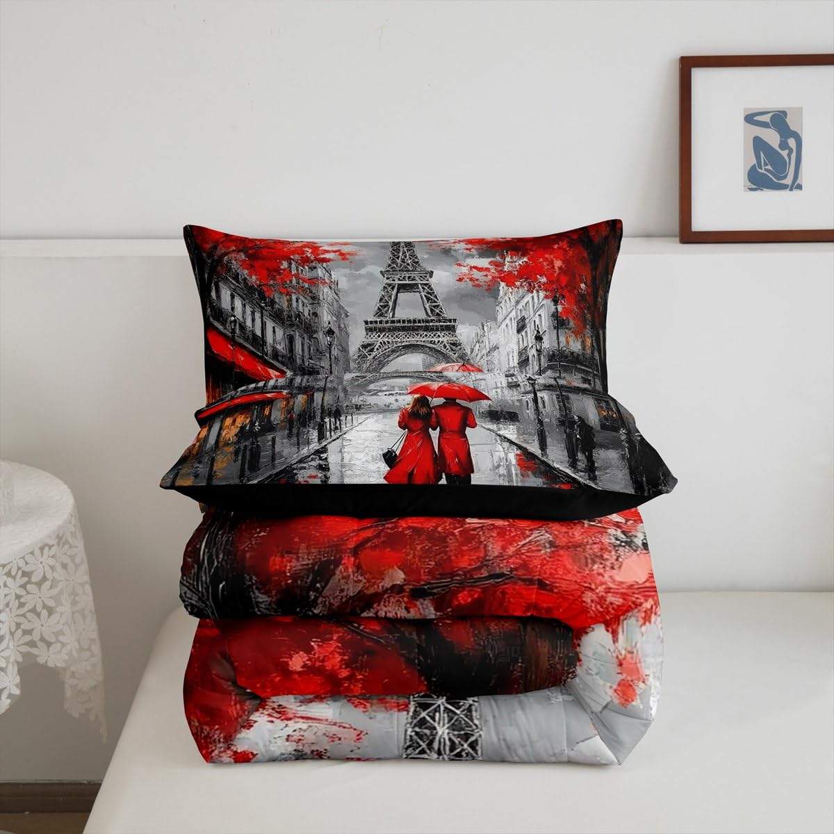 Red Paris Eiffel Tower Comforter Set Queen Size French Style Couple Lover Flower Bedding Sets For Girls Women Kids Quilted Duvet 1 Comforter + 2 Pillow Cases Romantic Bedroom Decor, Grey Black