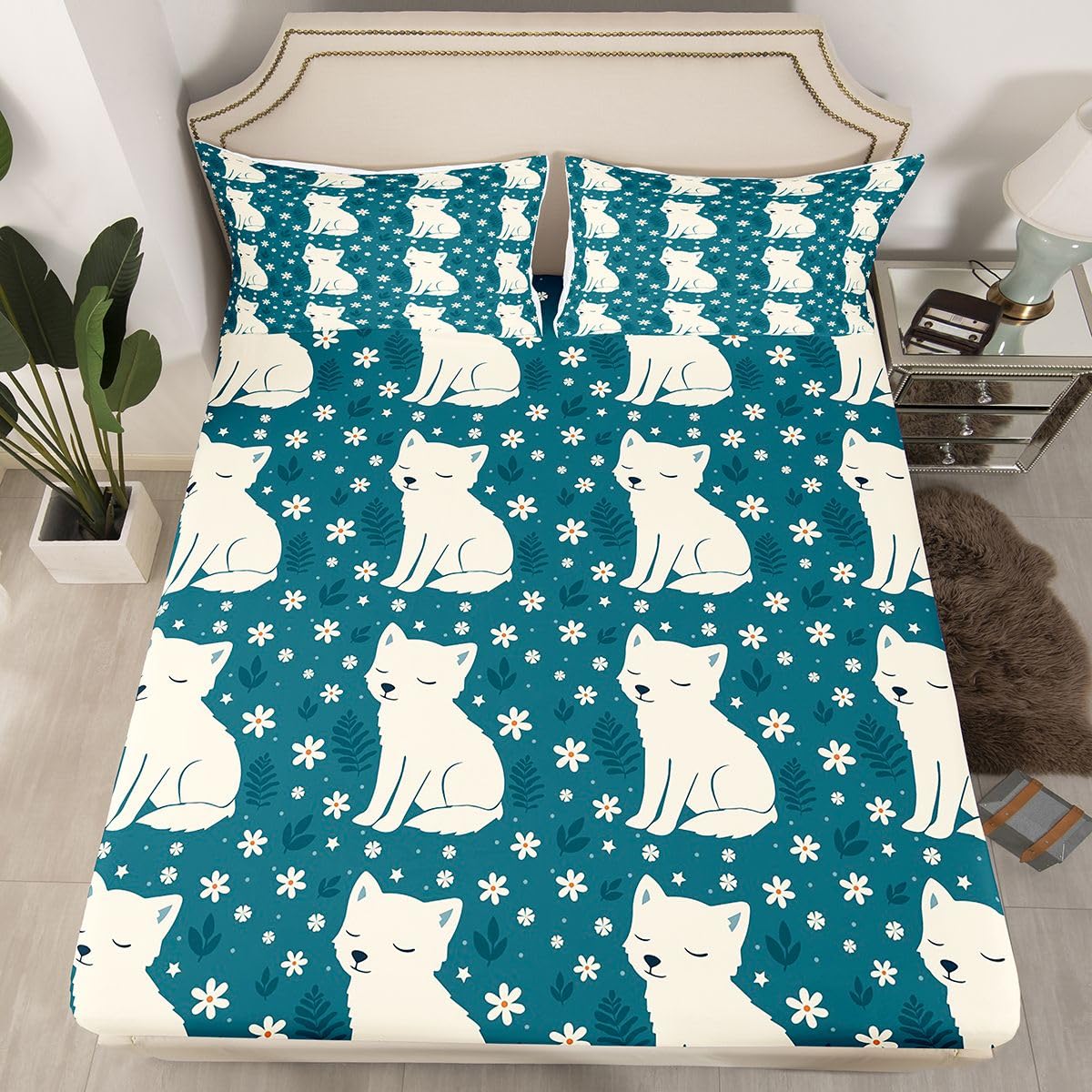 Castle Fairy White Fox Fitted Sheet Queen Size (No Flat),Beauty Floral Bedding Sets 3Pcs,Girls Boys Adult Room Decor,Wildlife Bed Cover Casual Rustic Deep Pocket Sheet,2 Pillowcases