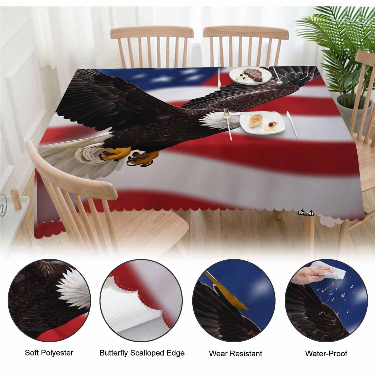 Beabes Tablecloth Bald Eagle 52 X 70 Inch, American Flag Bald Eagle Oblong Table Cloths Anti-Shrink Decorative Table Cover for Kitchen Dinning Tabletop Outdoor Picnic BBQ