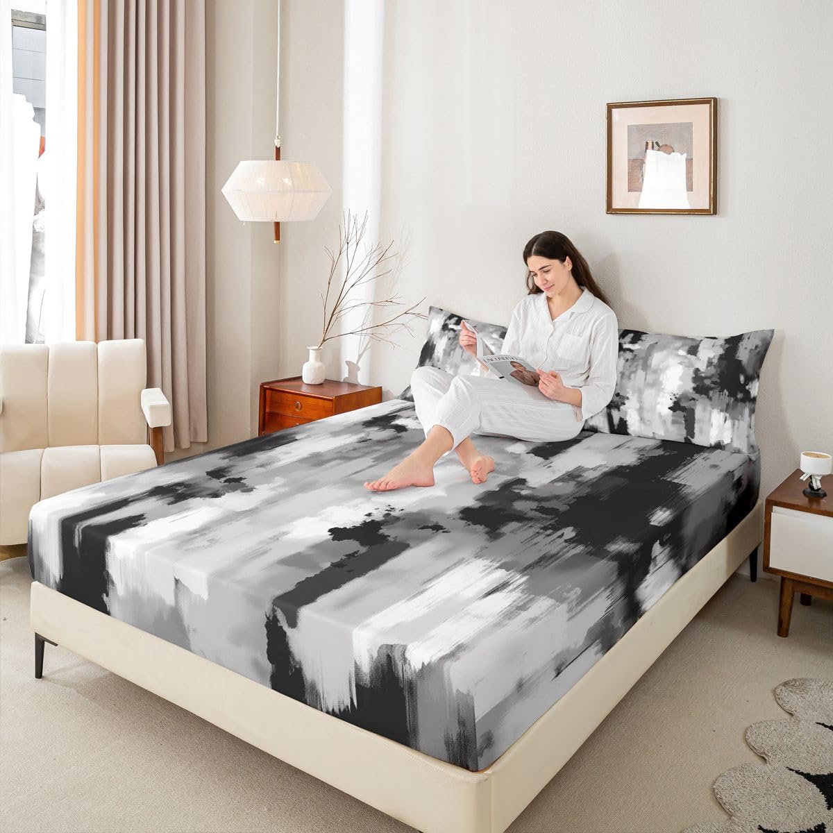 Feelyou Abstract Fitted Sheet Queen Size for Kids Boys Girls Modern Abstract Bed Sheets Set 16" Deep Pocket Soft Breathable Microfiber Blck White Bedding with 2 Pillowcases Room Decor