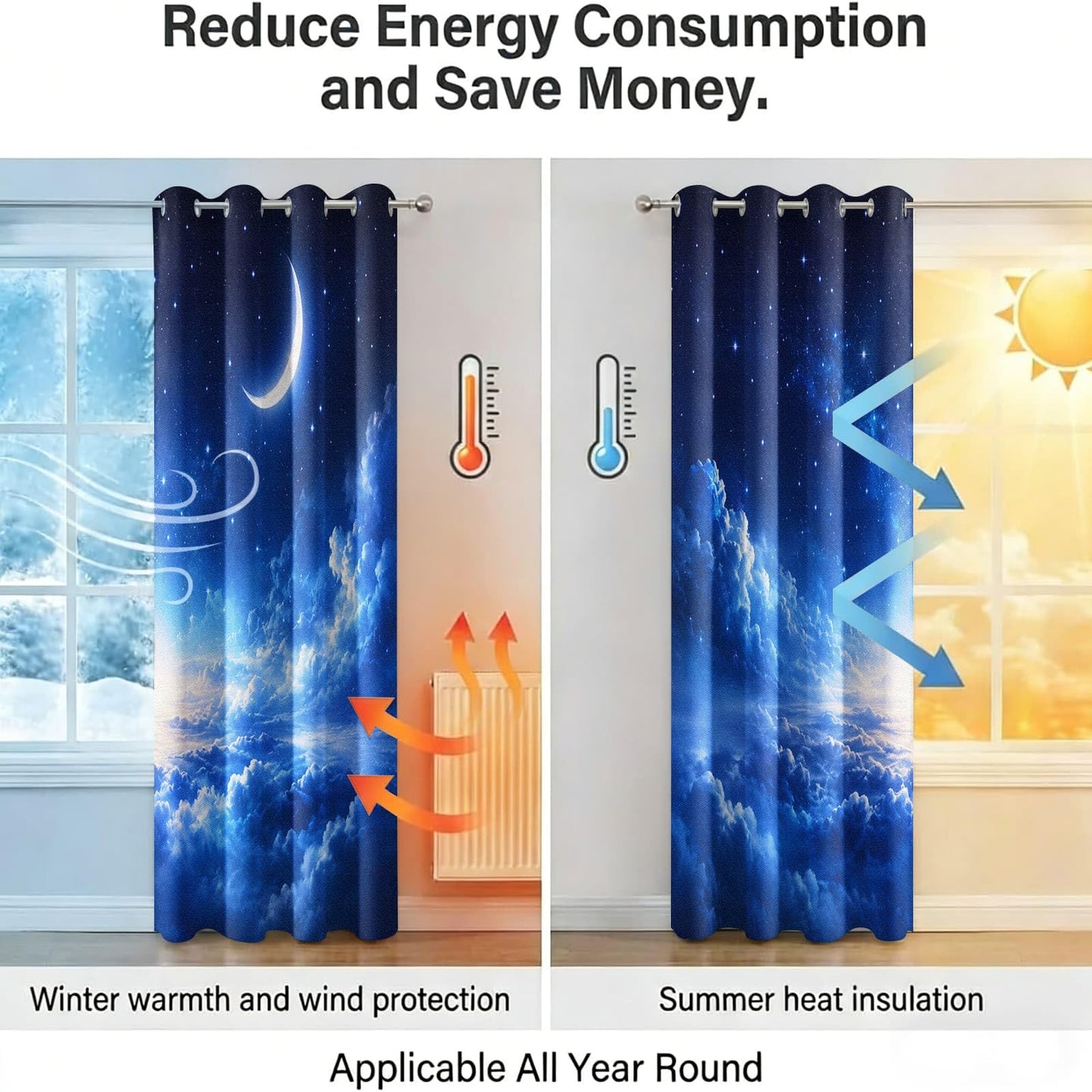 Dreamy Crescent Moon Clouds Blackout Curtains, Fantasy Starry Night Sky Room Darkening Window Drapes for Bedroom Living Room, Thermal Insulated Grommet Top Window Treatments, 2 Panels, 37" W x 63" L