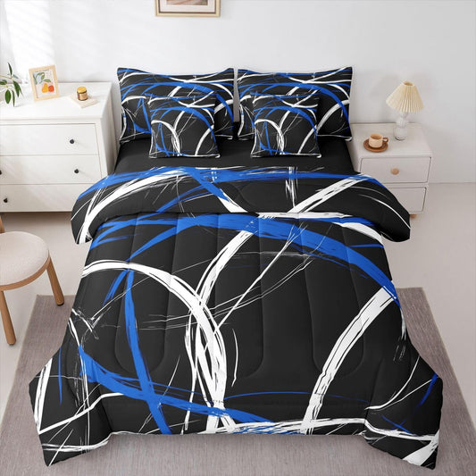 jejeloiu Modern Abstract Comforter Set Full SizeBlue Stripe 7 Pcs Bedding for Kids and AdultsGeometric Aesthetic Boys Girls Bed in a Bag Bed Sheet Sets with Fitted Sheet Pillowcases