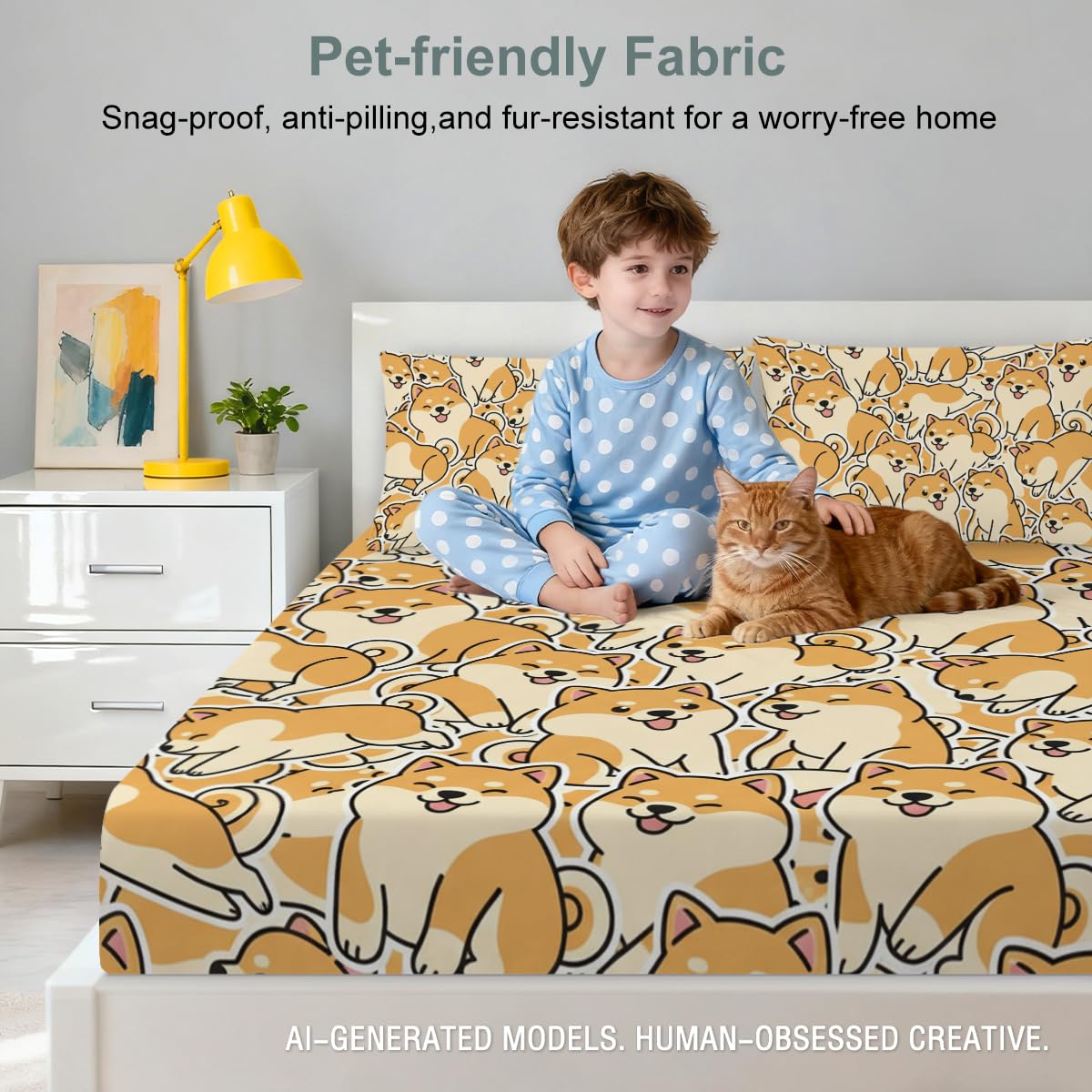 ARIGHTEX Shiba Inu Fitted Sheet Set Twin Size, 3 Pieces Cute Dog Pattern Microfiber Bedding for Pet Lovers Bedroom Decor, Soft Breathable Deep Pocket Bed Sheet Set