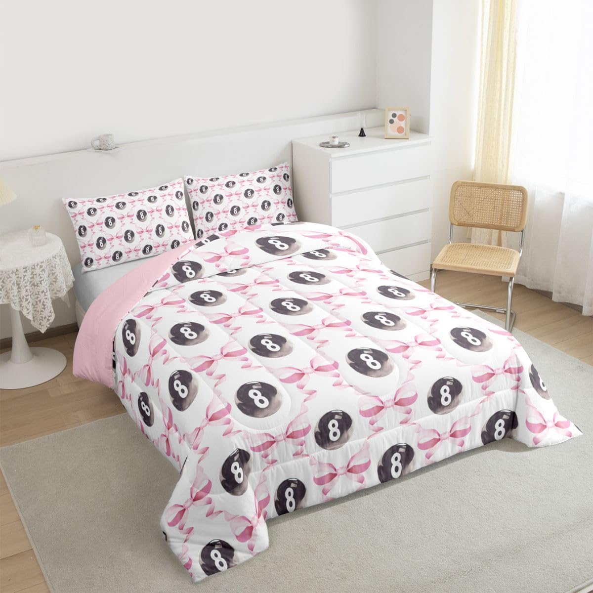 Castle Fairy Billiard Ball Kids Full Comforter Sets,Splicing Bow Tie Reversible Bedding Set for Boys Teens Children,Woman Girls Bowknot Quilt Set 3 PCS,Billiard Lover Duvet Insert,2 Pillow Cases