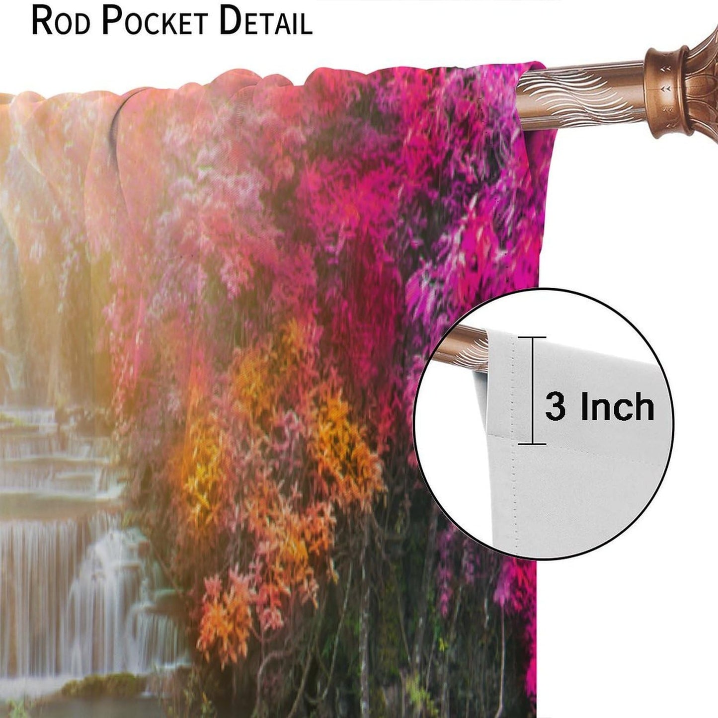 Focusbrite Waterfall Curtains，Spring Nature Theme Pink Floral Forest Landscape Scenery Pattern Waterproof Fabric Rod Pocket Window Drapes for Bedroom Living Room Cafe Set 2 Panels,42x45 Inches