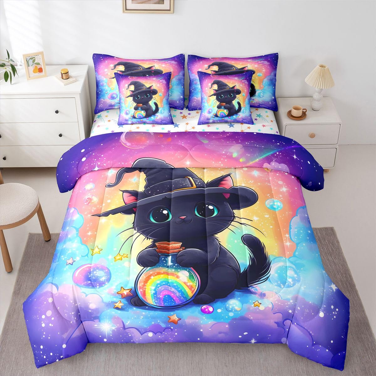 Feelyou Black Cat Comforter Set with Sheets 7 Piece Twin Size Cute Kitten Bed in a Bag Kids Boys Girls Rainbow Bedding Set Cute Animal Bedroom Decor Breathable Soft Lightweight Microfiber