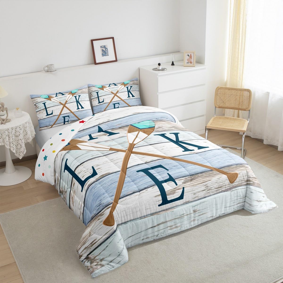 Castle Fairy Wooden Stripes Comforter Set for Kids Room Decor Rowing Boating Oar Print Bedding Comforter Queen Size Rustic Nature Lodge Cabin Soft Polyester Quilt Set with 2 Pillowcases