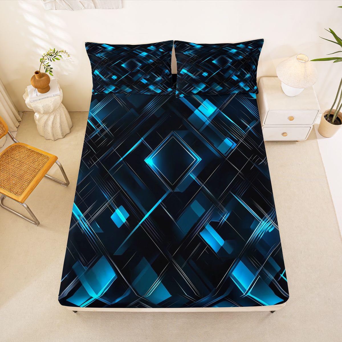 Feelyou Black Blue Bed Sheets Sets Queen Size Kids Boys Girls Geometric Checkered Bedding Set Abstract Stereoscopic Grids Bed Sheet Set with 16-Inch Deep Pockets 4Pcs with 2 Pillow Cases