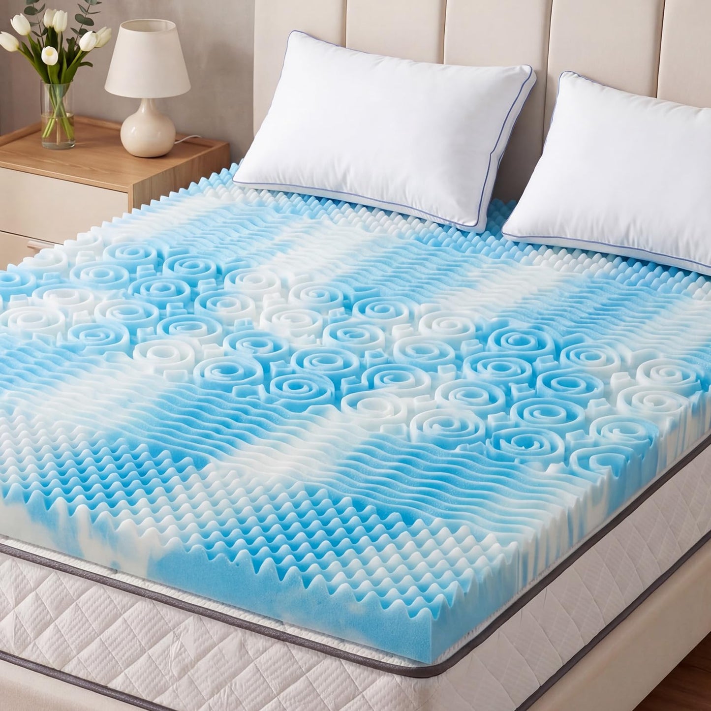 DUMOS 2 Inch Memory Foam Mattress Topper Twin, 5-Zone Cooling Gel Infused Pressure Relief Bed Topper for Back & Hip Pain, Soft Dorm RV Camping Mattress Pad, Blue