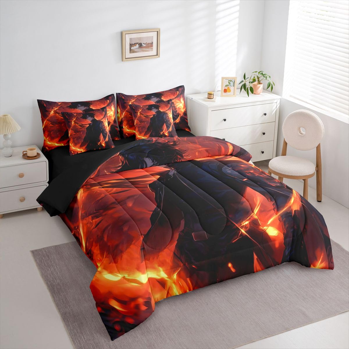Erosebridal Anime Boy Full Comforter Set 7 Piece,Japanese Anime Bedding Set with Sheets for Boys Teen Kids,Gaming Gamer Bed Set with Fitted Sheet,Flat Sheet,Pillowcases,Throw Pillow Covers