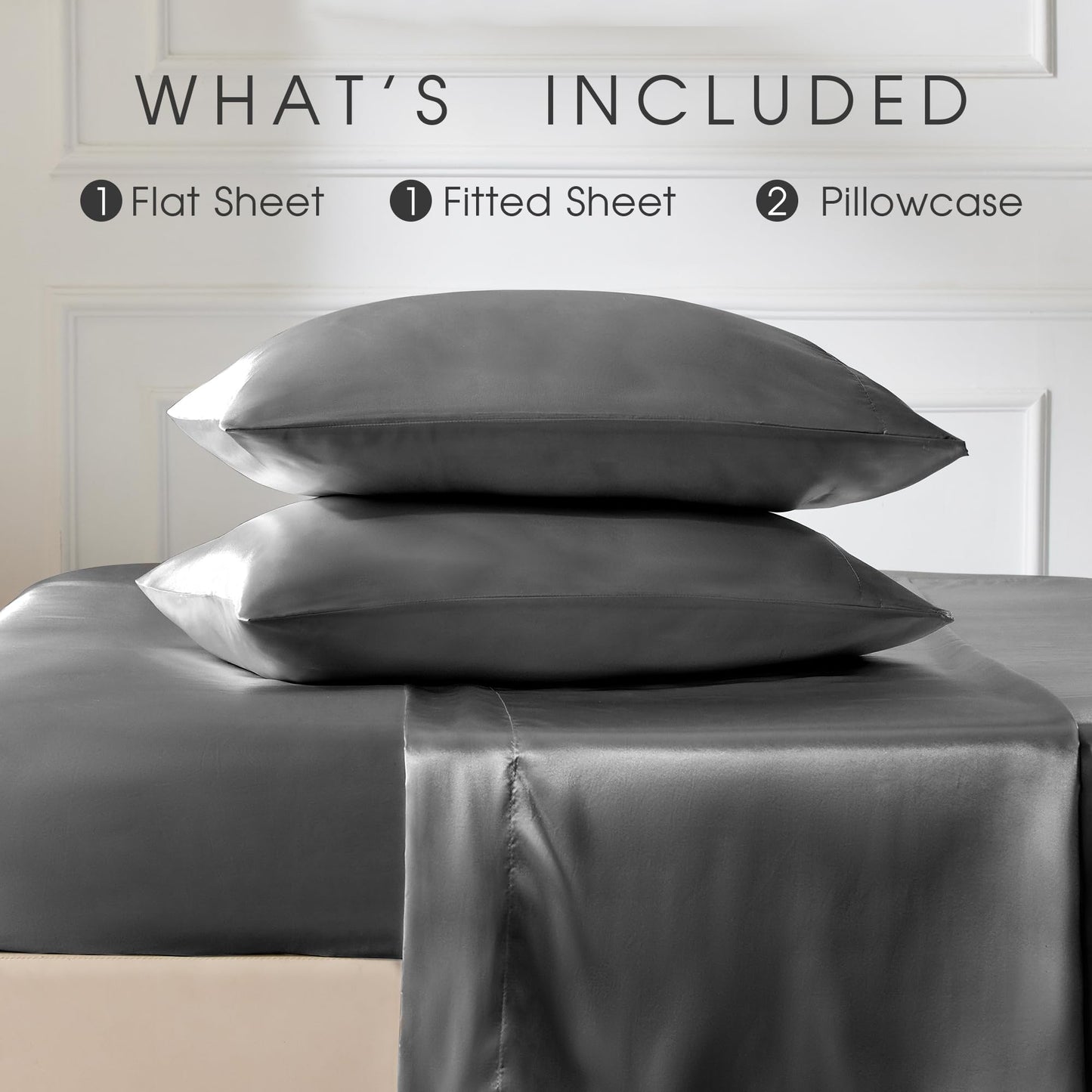FreshCulture Satin Sheets Full Size - 4 Piece Luxury Soft Silky Full Size Bed Sheets, Similar to Silk Bed Sheet Set with 1 Deep Pocket Fitted Sheet, 1 Flat Sheet & 2 Pillowcases (Dark Grey)