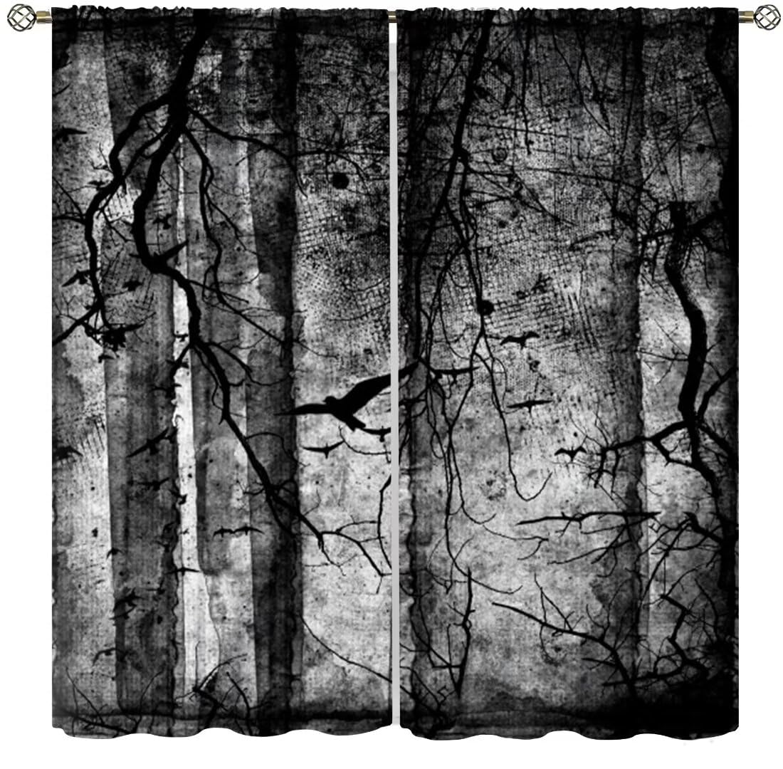 Gothic Crow Curtains,Abstract Black Birds Raven Dark Halloween Window Treatments for Bedroom Living Room Kitchen Window Drapes 2 Panel Set,Total Size 42 x 45 Inch