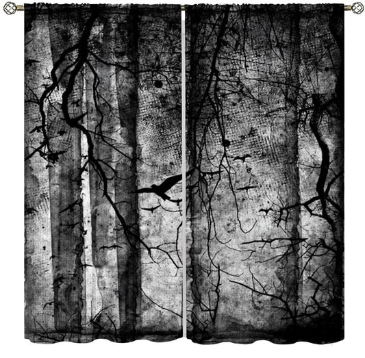 Gothic Crow Curtains,Abstract Black Birds Raven Dark Halloween Window Treatments for Bedroom Living Room Kitchen Window Drapes 2 Panel Set,Total Size 42 x 45 Inch