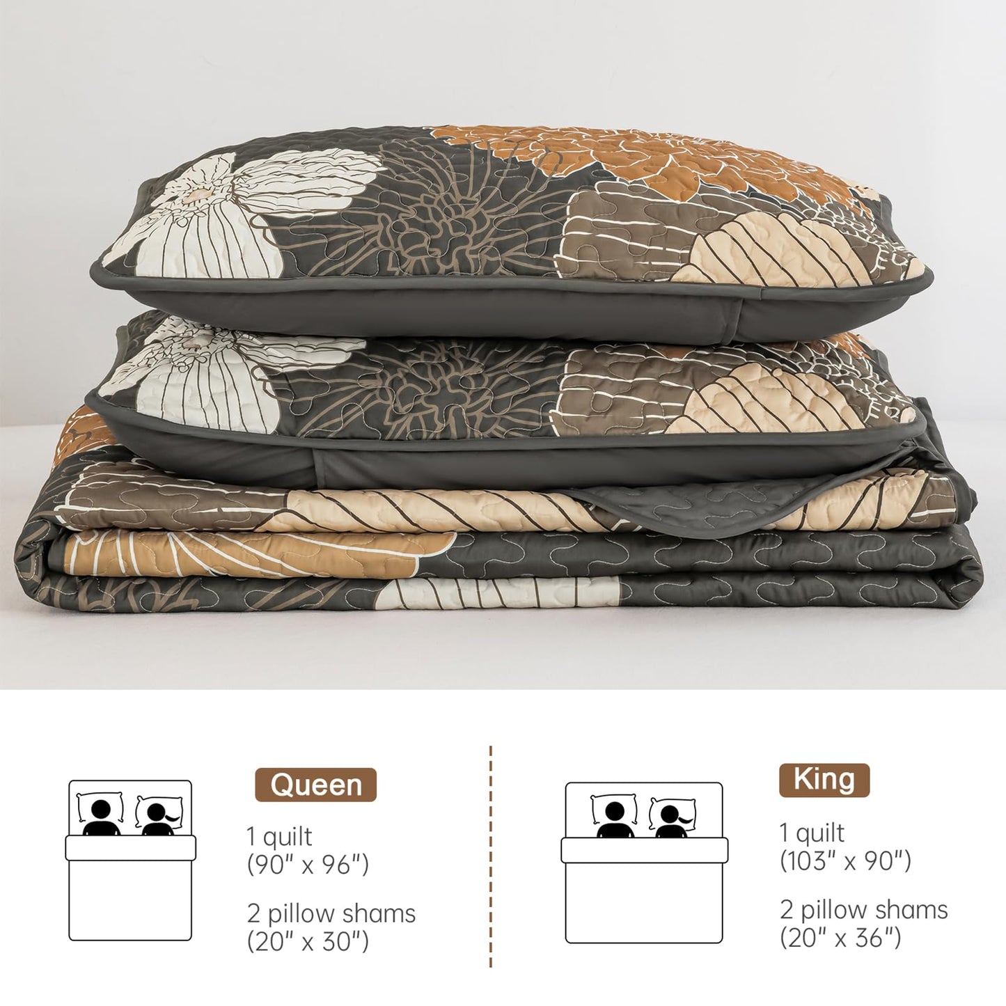 Anibedding 3 Pieces Floral Printed Quilts Set Queen Size, All Season Black Brown Lightweight Bedspread Sets with Shams for Bedroom