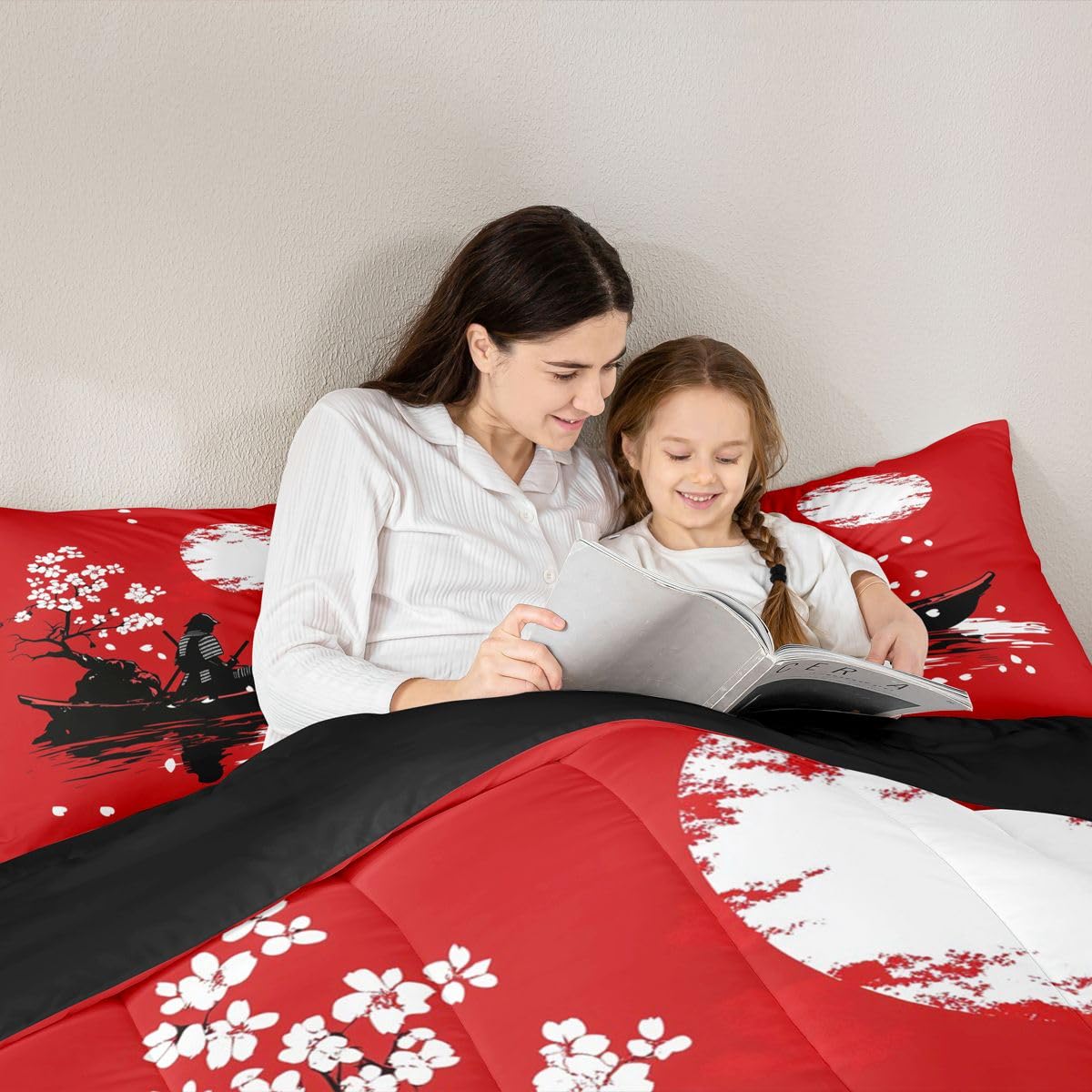jejeloiu Japanese Samurai Comforter Set All Season Cherry Blossom Bedding Set with 2 Pillow Cases Red Sun Microfiber Kids Queen Bedclothes Japanese Ukiyoe Bedroom Decor Duvet Quilt Breathable Soft