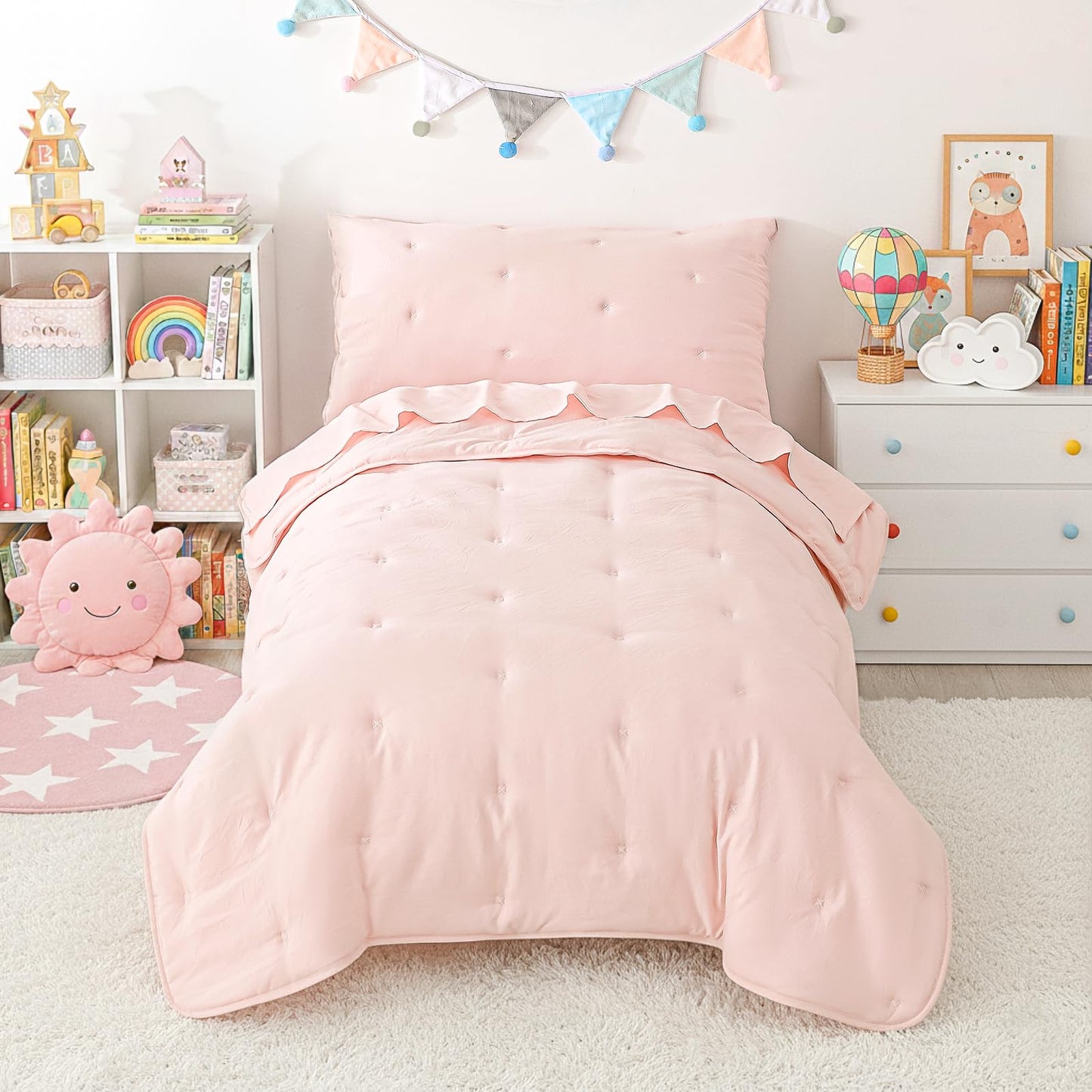 DreLunis Pink Toddler Bedding Sets for Girls, 4 Pieces Bed-in-a-Bag for Toddler Girl, Soft Microfiber Lightweight Breathable Toddler Bed Comforter with Flat Sheet, Fitted Sheet, Envelope Pillowcase