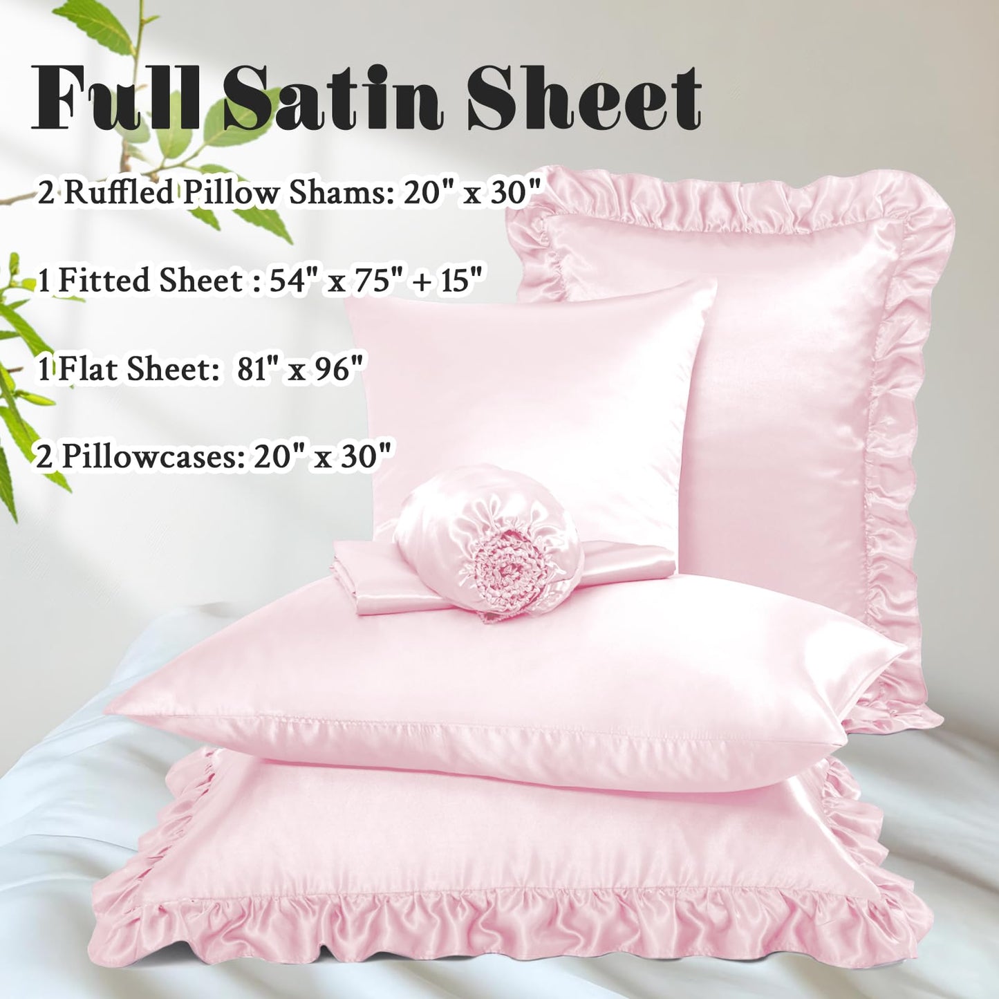 Homiest Ruffled Satin Sheets Full Size 6pc Set - Blush Pink Bed Sheet Set with 15 Inch Deep Pocket Fitted Sheet, 1 Flat Sheet, 2 Ruffled Pillow Shams & 2 Pillowcases, Similar to Silk Sheets