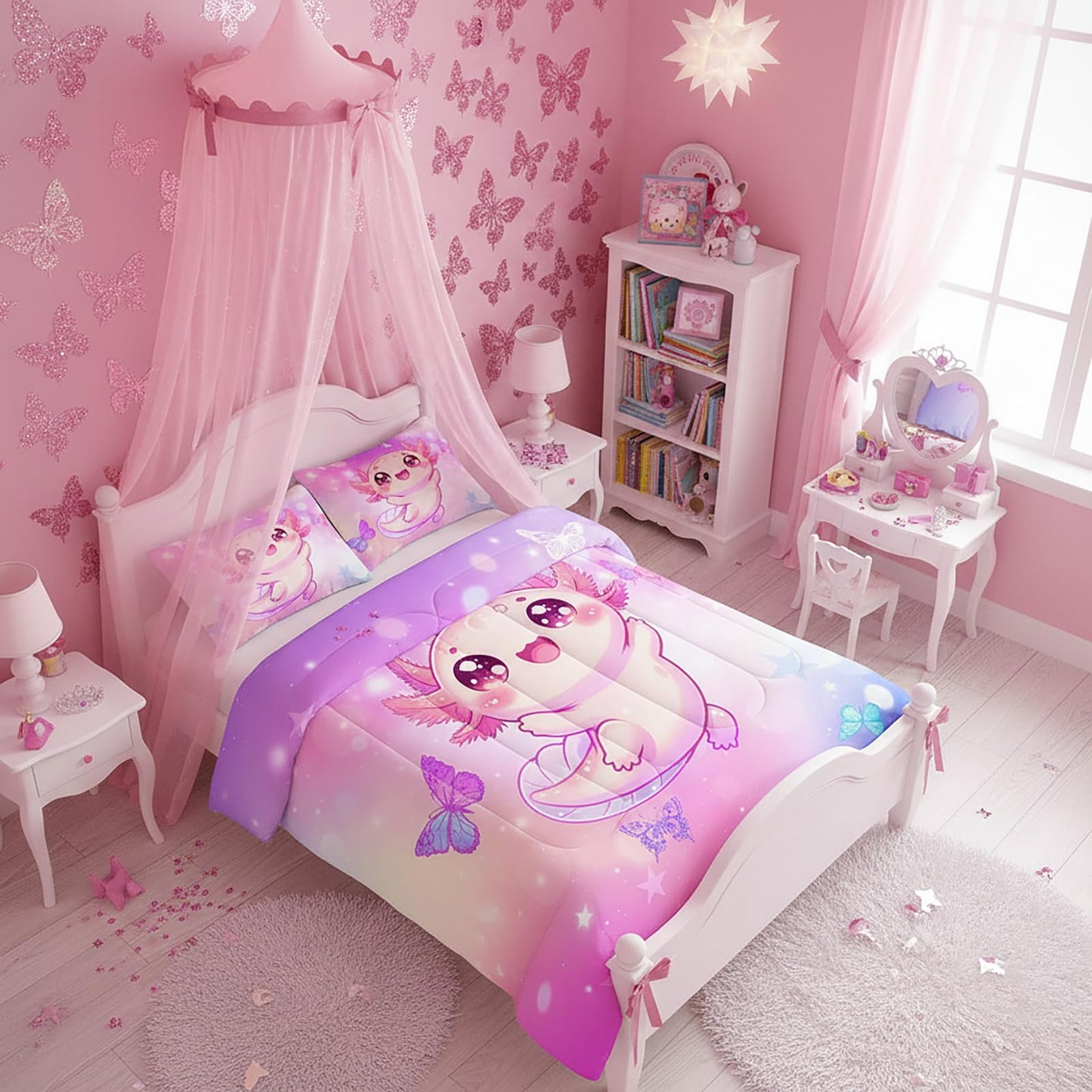 QOOMO 3Pcs Axolotl Comforter Set Twin,Kawaii Salamander Bedding Set for Teens Boys Girls,Butterfly Printed Comforter with 2 Pillowcases,Down Alternative,Soft and Lightweight