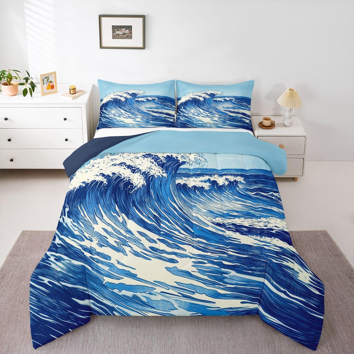 jejeloiu Wave Bedding Set Soft for Boys Girls, Ocean Wave Comforter Set Queen Size Japanese Style Duvet Quilt Microfiber Abstract Bedroom Decor 3 Pcs with 2 Pillow Cases
