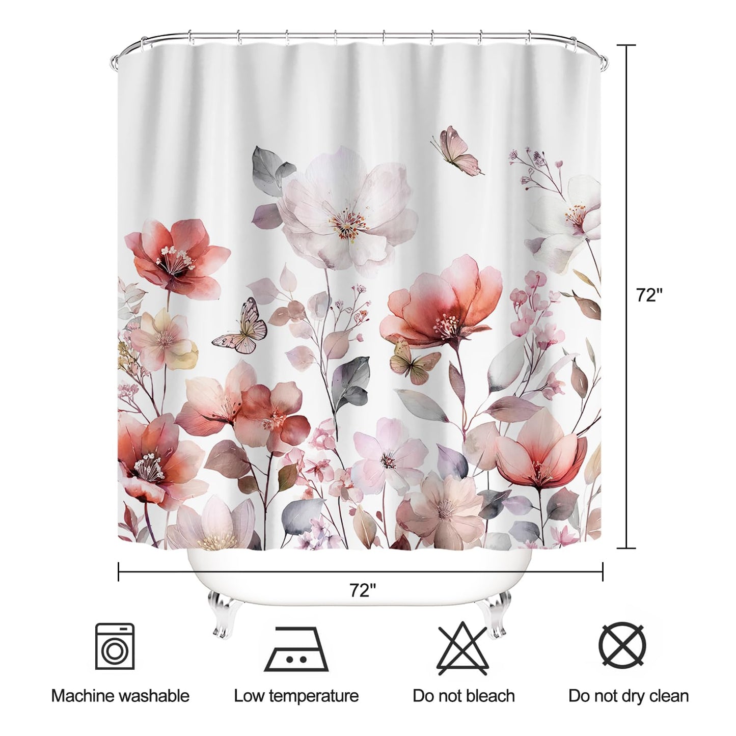 ZCHOMI Pink Red Floral Shower Curtain Watercolor Flower Leaves Butterfly Elegant Bathroom Curtains Waterproof Polyester Fabric Bath Curtain 72 x 72 Inch with 12 Hooks