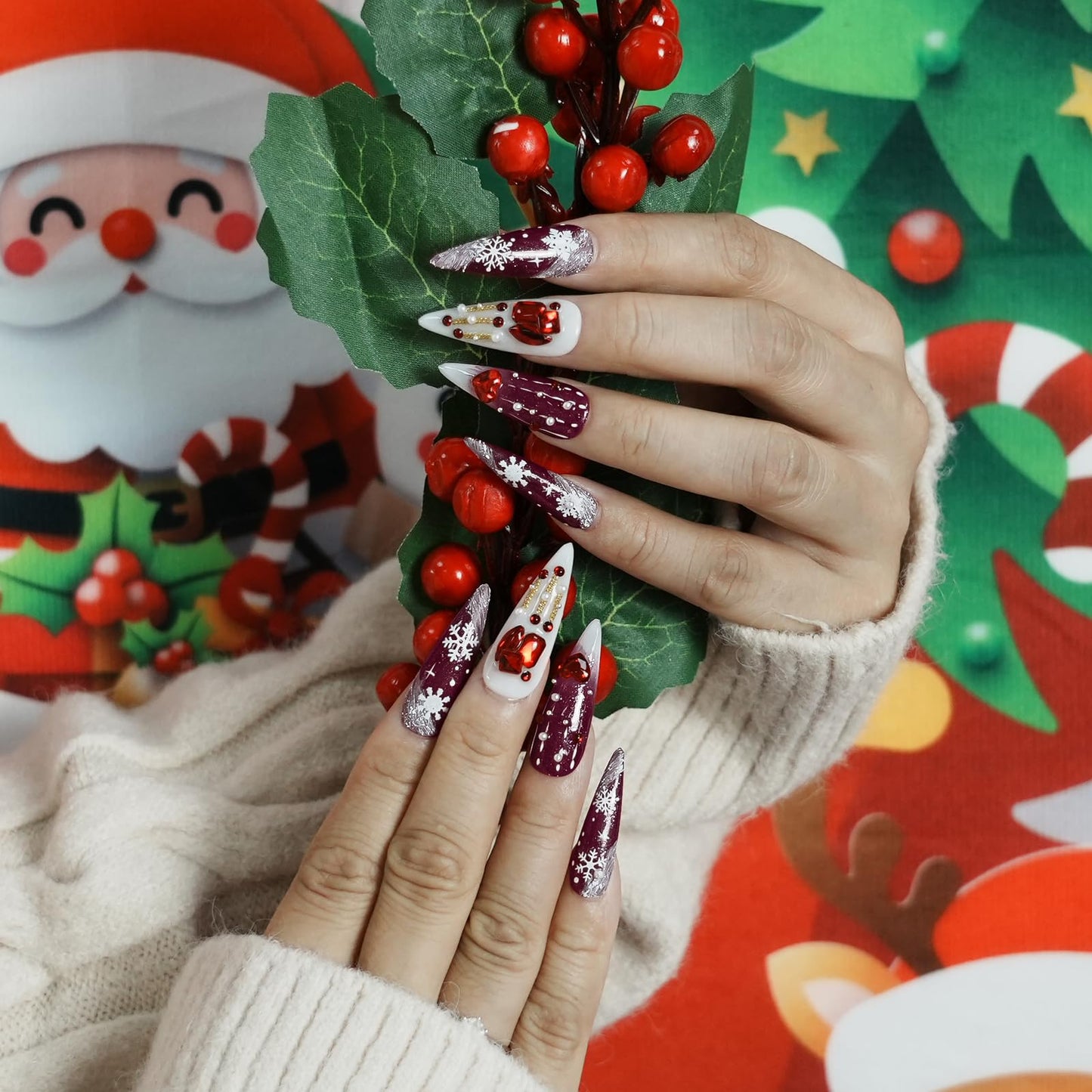 Tesytto Red Press on Nails Long Stiletto 3D Heart Design with Gems & White Stripe Snowflake Handmade Fake Nails Glossy Acrylic Full Cover Stick On Nails for Women Girls (Snow Falls,M)