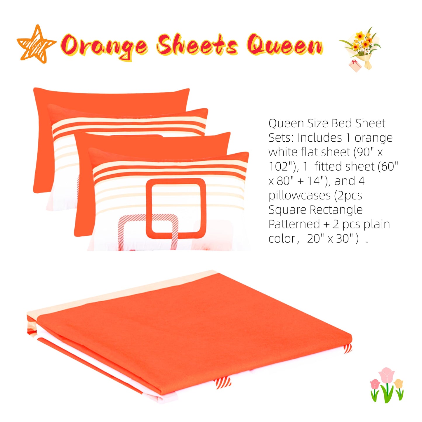 6Pcs Bed Sheet Set Queen Size, Orange White Geometric Soft Microfiber Bedding Sets with 1 Square Rectangle Patterned Sheet 1 Deep Pocket Fitted Sheet and 4 Pillowcases