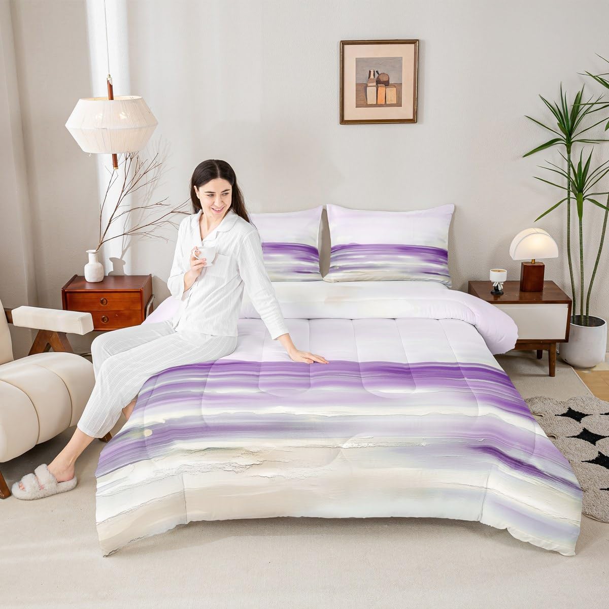 Erosebridal Abstract Beach Comforter Set King Size Purple Oil Painting Bedding Set for Women Girls Ocean Sea Wave Lake Comforter Romantic Summer Natural Landscape Hawaii Quilt