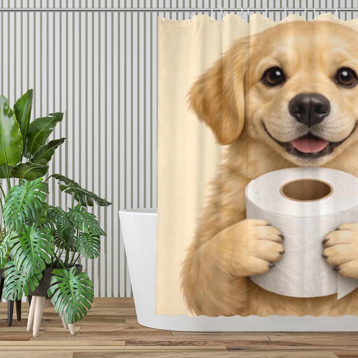 REZHOCH Funny Golden Retriever Shower Curtain 72x72 Inch,Cute Puppy Holding Toilet Paper,Humor Animal Art Home Bathroom Farmhouse Decor,Waterproof Fabric Bath Curtain Set with Hooks
