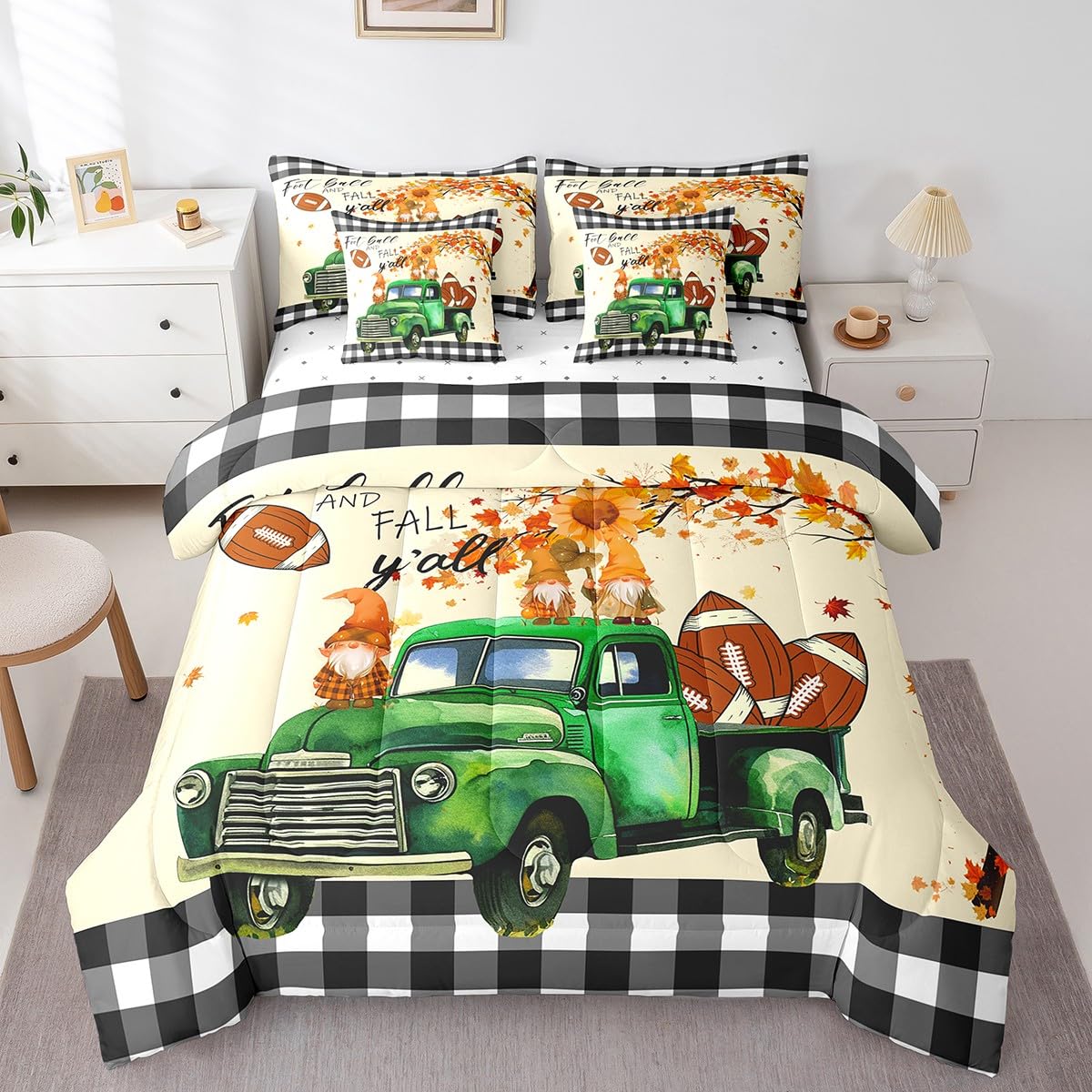 Erosebridal Green Truck 7 Piece Comforter Set Full Bed in a Bag,Cartoon Fall Gnome Kawaii Bedding Sets Rugby Football Sheet Set with Comforter
