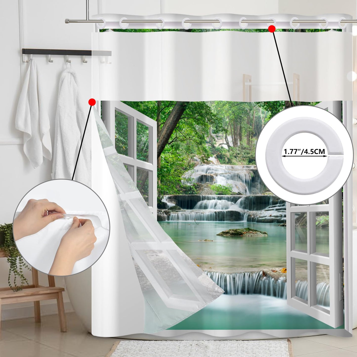 Baocicco No Hook Shower Curtain with Snap in Liner Nature Landscape Summer Forest River Jungle Waterfall Lake Waterproof No Hook Fabric Window Scenery Shower Curtains Set for Bath Bathtub 71x74 Inch