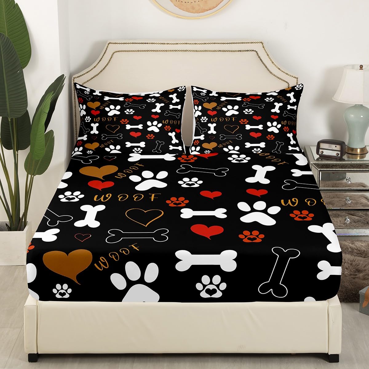 Erosebridal Dog Paw Print Sheet Set Queen Size for Kids Boys Girls,Lovely Animal Theme Bed Sheets White Bone Pattern Fitted Sheet Red Heart Flat Sheet Soft Luxury,Black Home Room Decor 4Pcs