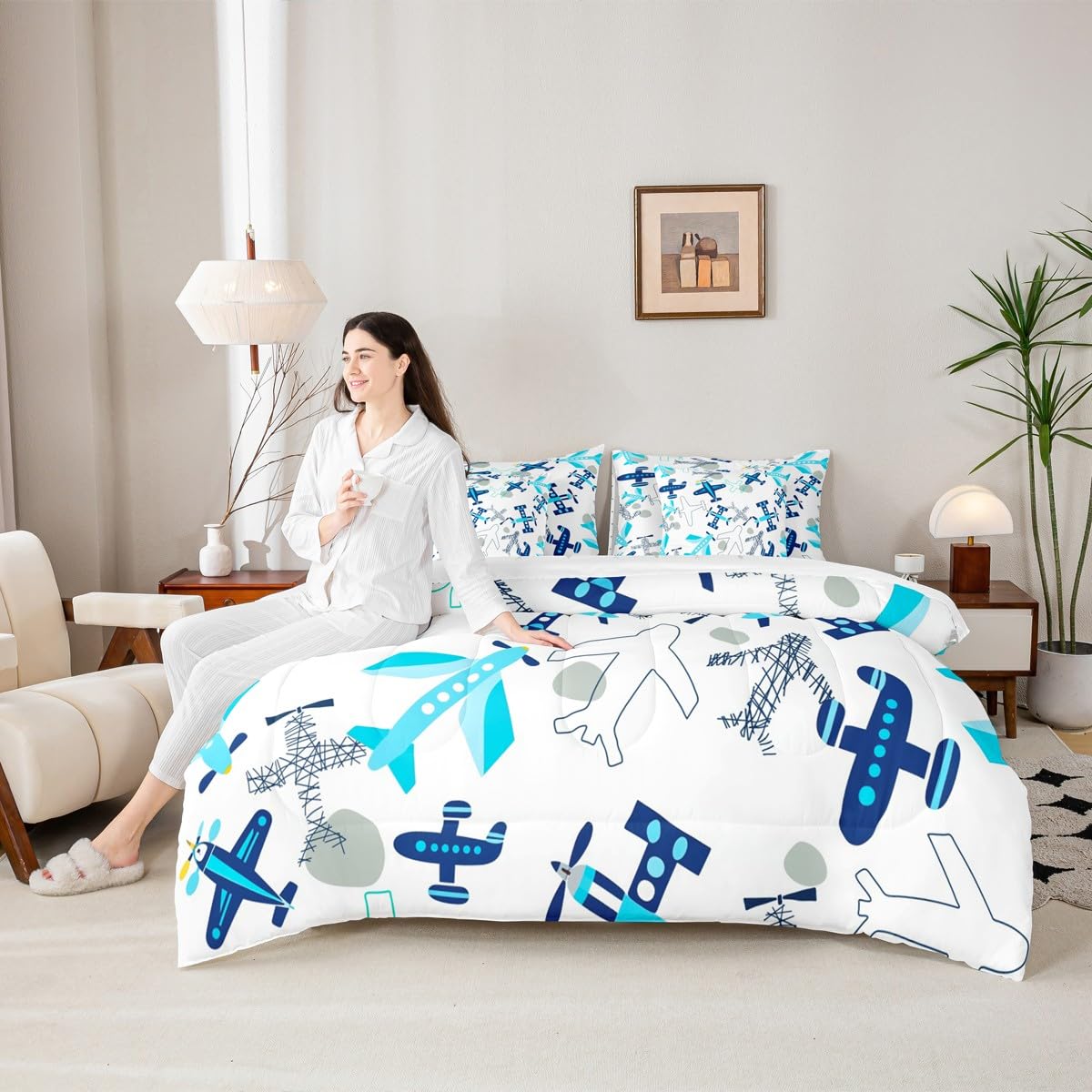Erosebridal Kids Airplane Twin Bedding Set 7-Piece Aircraft Bed in A Bag with Sheets for Kids Boys Teens Aviation Theme Cartoon Comforter Set Teal Blue Airplanes Bedding Comforter Sets