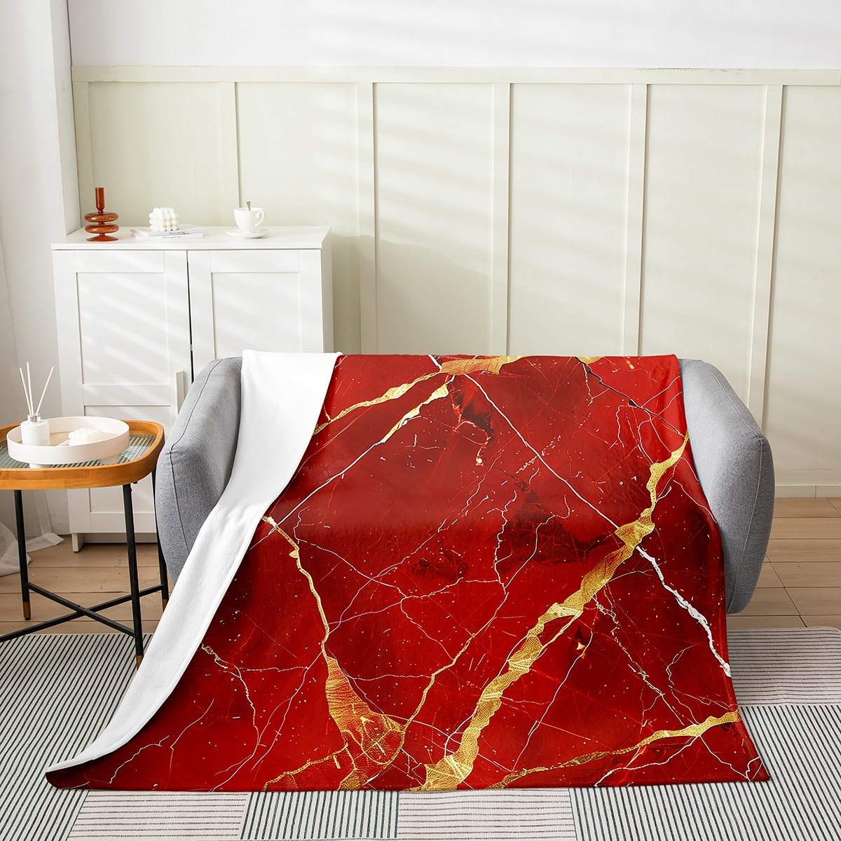 Erosebridal Marble Cracking Fuzzy Plush Throw Twin 60x80 Inch Marbling Print Flannel Blanket for Kids Teens Adults Pastel Fluid Red Gold All Season Fleece Blanket