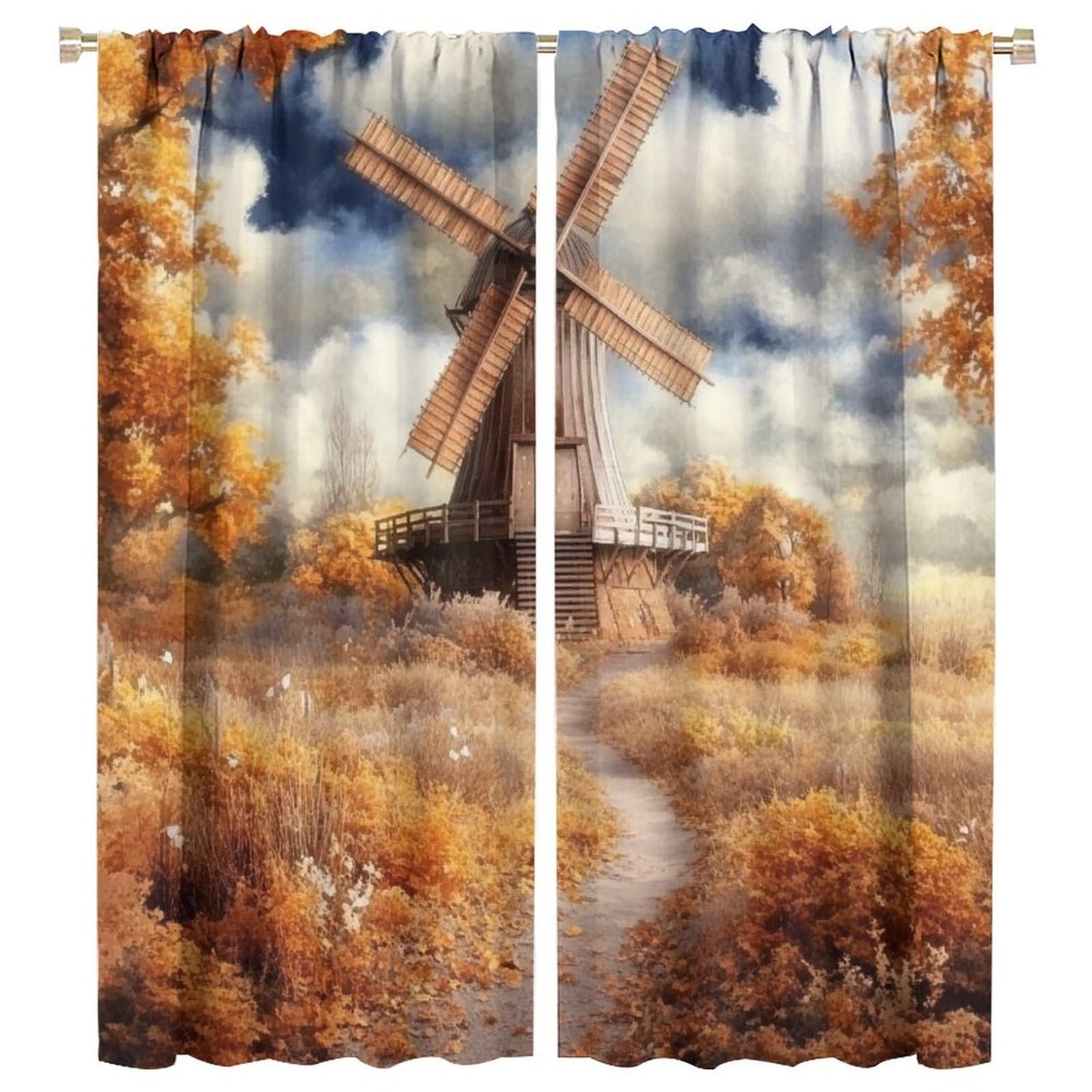WDHTEXT Rustic Windmill Scenery Blackout Curtains, Thermal Insulated Path Tree Rod Pocket Window Drapes for Living Room Bedroom Decor, 2 Panels, Each 21W x 45L
