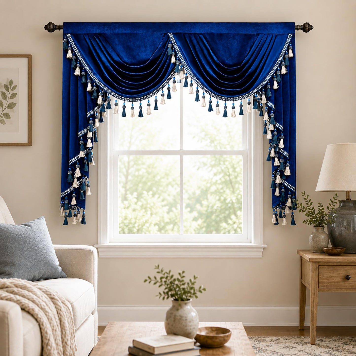 VOGOL Blue Velvet Waterfall Valance, Decorative Swag Curtains for Living Room & Guest Room Windows, 59 Inch Wide Rod Pocket, 1 Panel