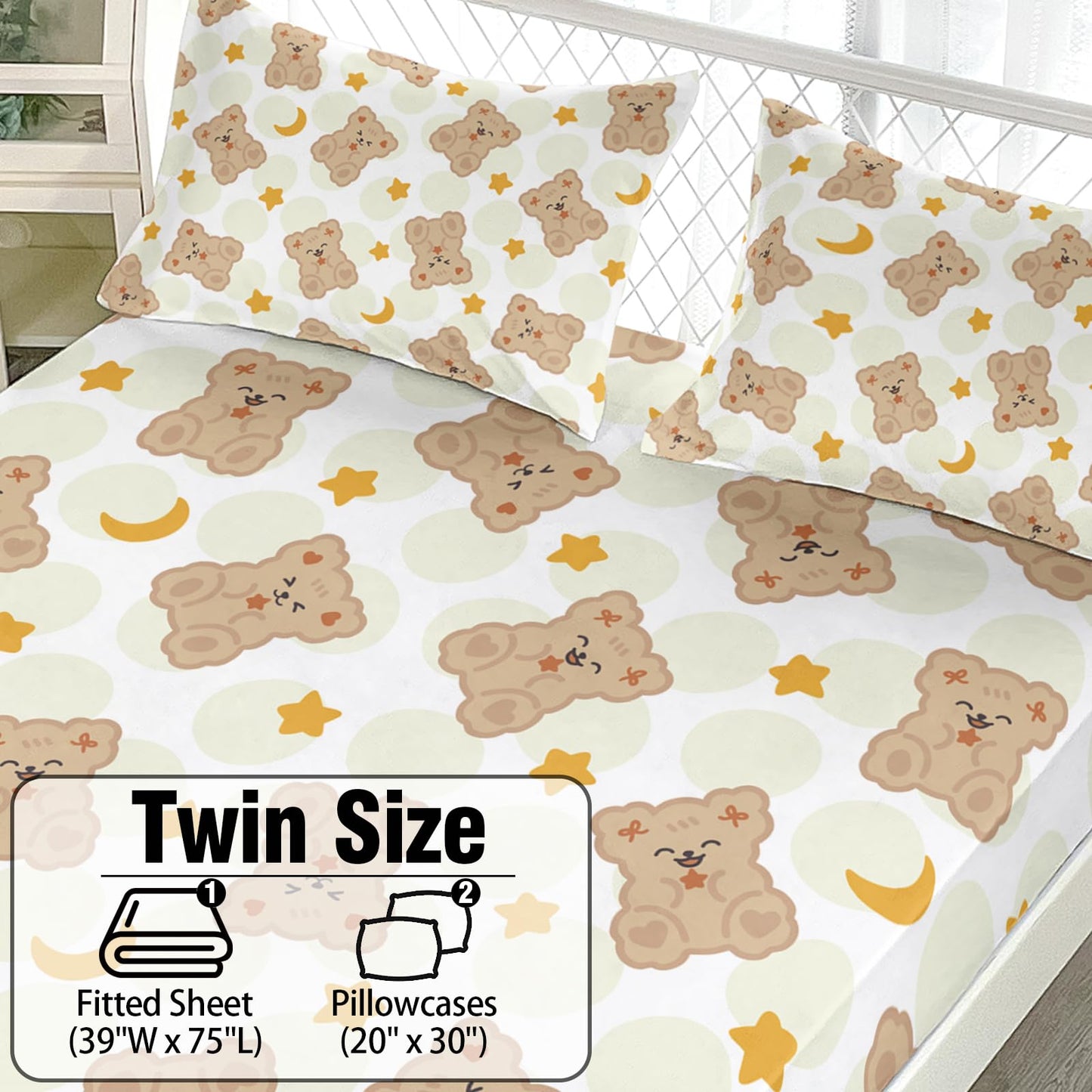 AILONEN Cute Bear Fitted Sheet Set Twin Size,3-Piece Kawaii Brown Teddy Bear Bed Sheet Set for Boys Girls,Lovely Animal Themed Fitted Sheet with 2 Pillowcases
