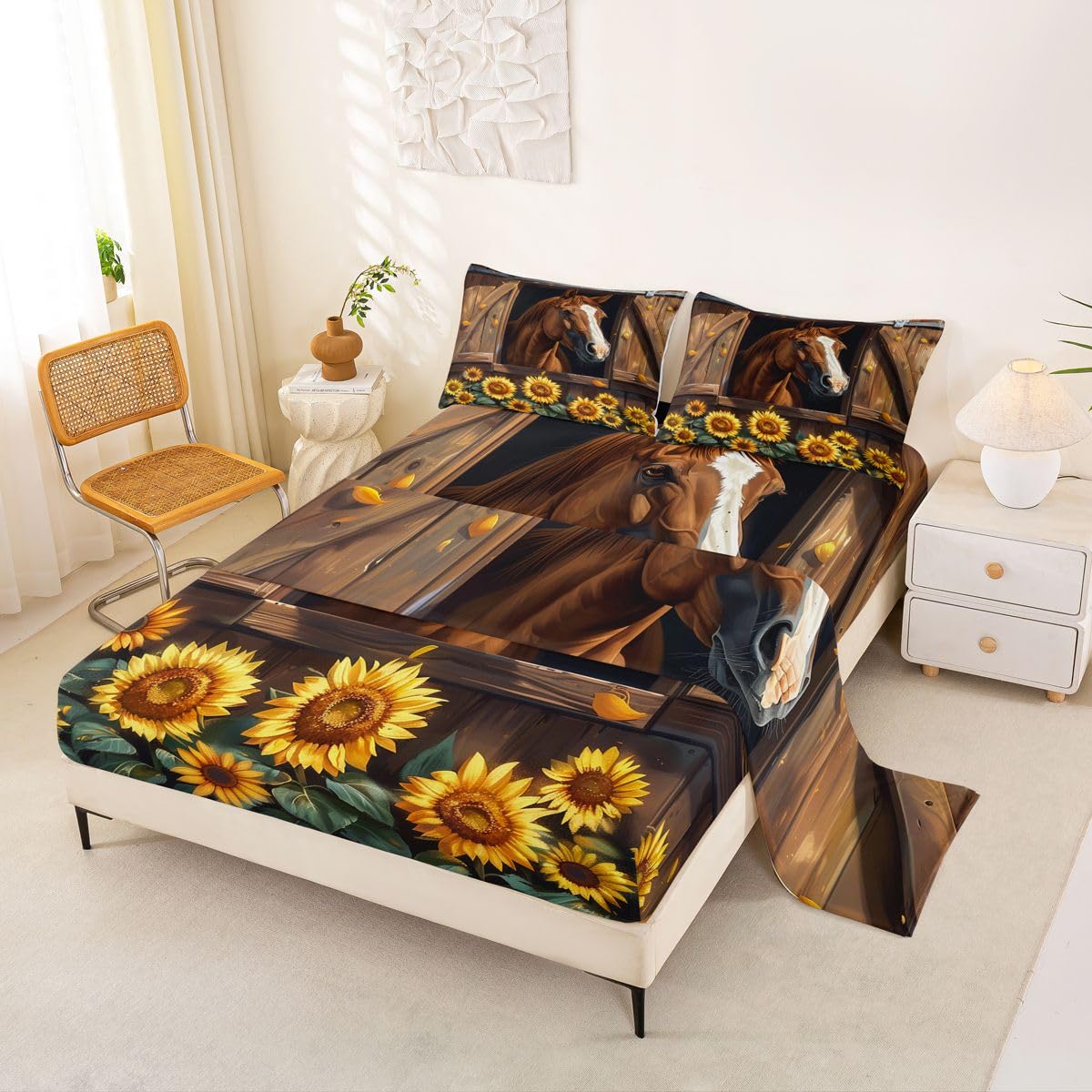 jejeloiu Farm Horse Bed Sheets Set Queen Size Brown Wood Grain Print Bed Set for Kids Boys Girls Sunflower Animal Deep Pocket Fitted Sheet Country Farmhouse Breathable Soft Lightweight Microfiber