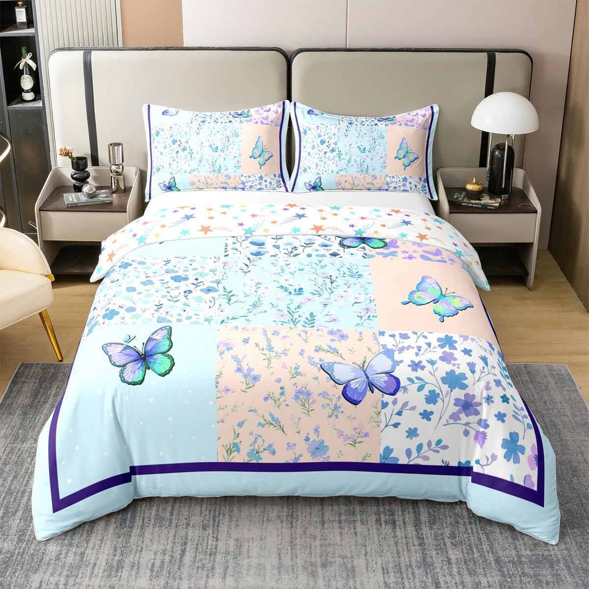 Erosebridal Blue Butterfly Duvet Cover Twin Size 100% Cotton,Chic Butterflies Decorations Comforter Cover,Cute Patchwork Plaid Bedding Set for Girls Kids Teens Rustic Chic Flowers Bed Set