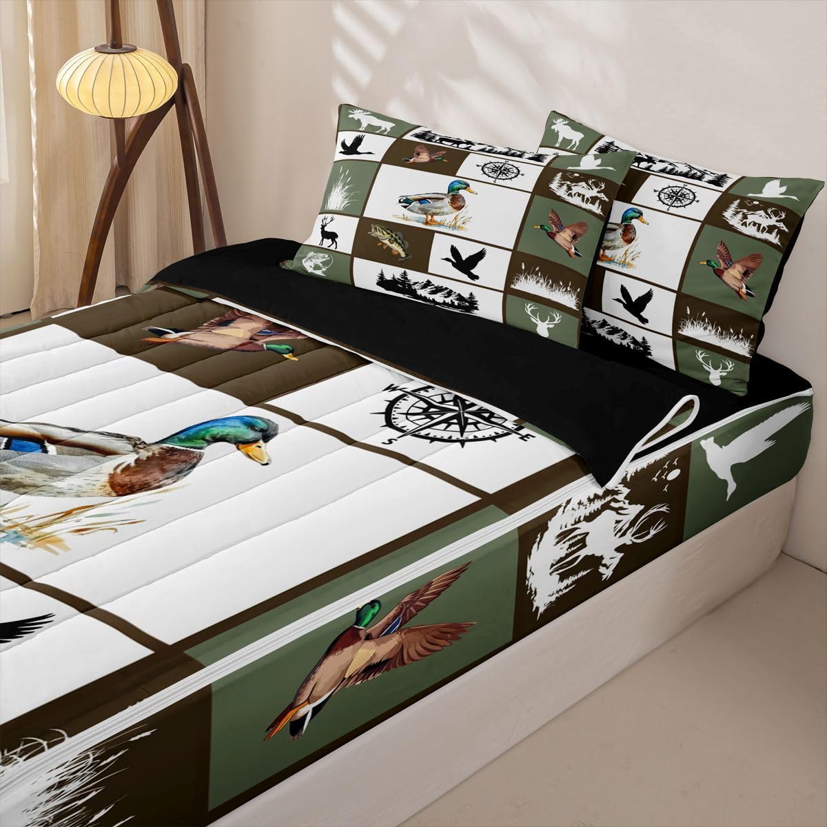 jejeloiu Deer Fish Duck Bear Comforter Set Twin Animal Hunting Zipper Bedding Set for Kids Boys Girls Wildlife Bed in a Bag Western Farmhouse Microfiber with 2 Pillow Cases