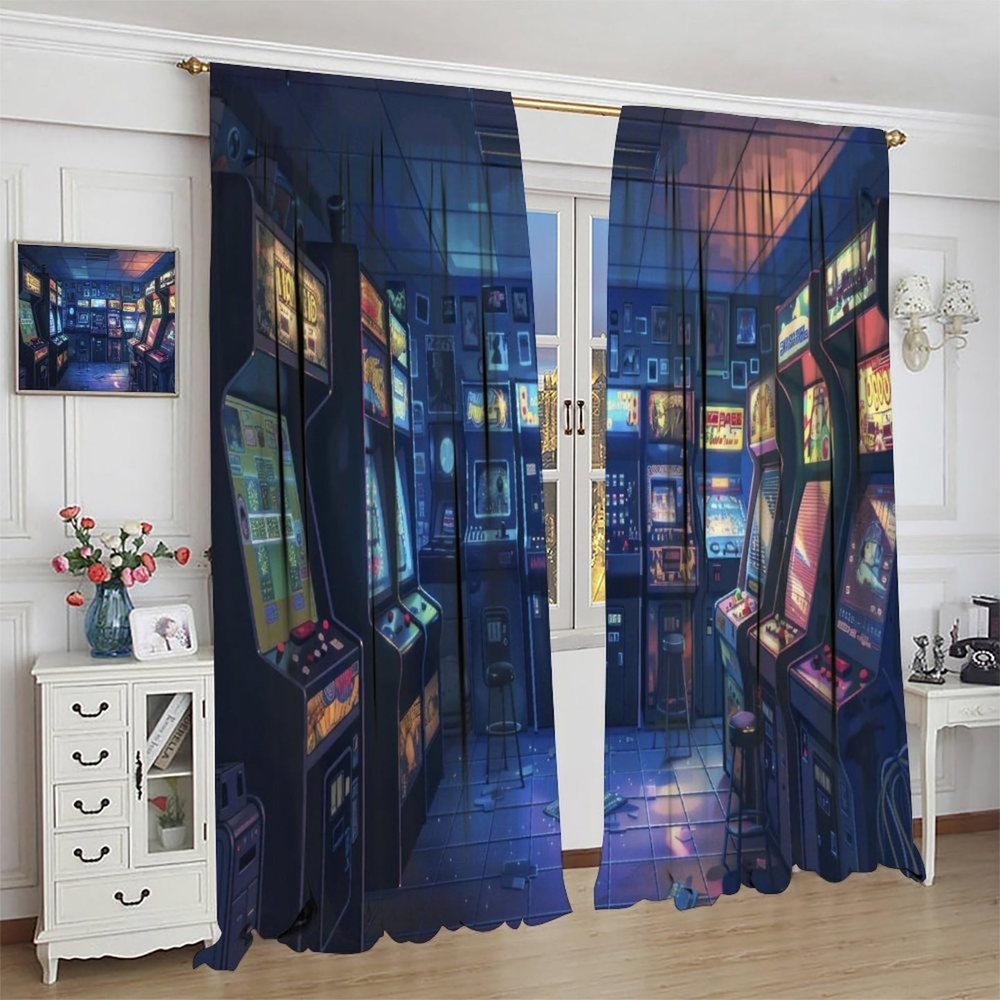 VUMIVI Arcade Game Curtains Retro Pixel Cartoon Illustration Dark Space Rod Pocket Window Treatments for Gaming Room Retro Game Cave Themed Cafe Boys Girls Room 42" W X 44.5" L