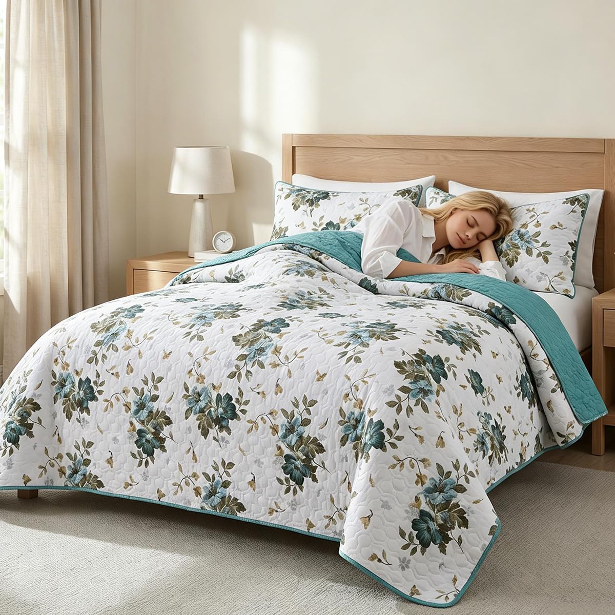 SANOCAY Boho Floral Quilt Set King Size, 3 Piece Lightweight Summer Bedding Set with 2 Pillow Shams, Soft Reversible Microfiber Bedspread, Farmhouse Coverlet for All Season (Sage Green, King)